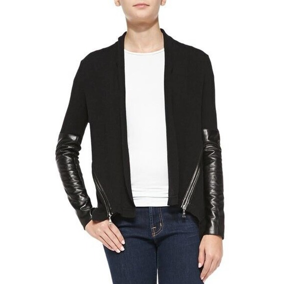 Milly Knit Leather Sleeve Cardigan Black Sweater Open Front Zip Detail M - Picture 1 of 8